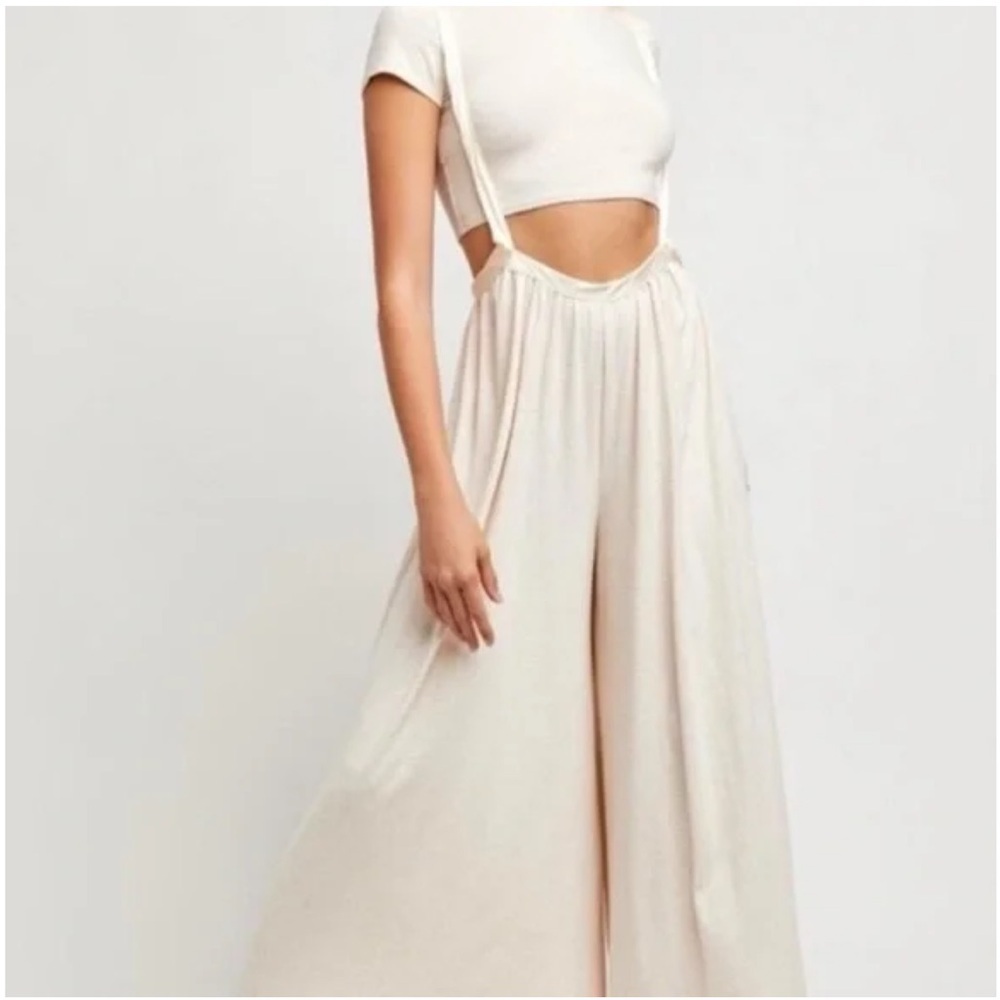 Free People Cream Wide-Leg Suspender Jumpsuit - Picture 3 of 13
